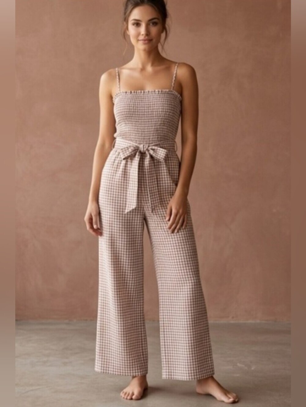 House Of Harlow Gingham Plaid Smocked Linen Jumpsuit Tan Women's Size L Summer